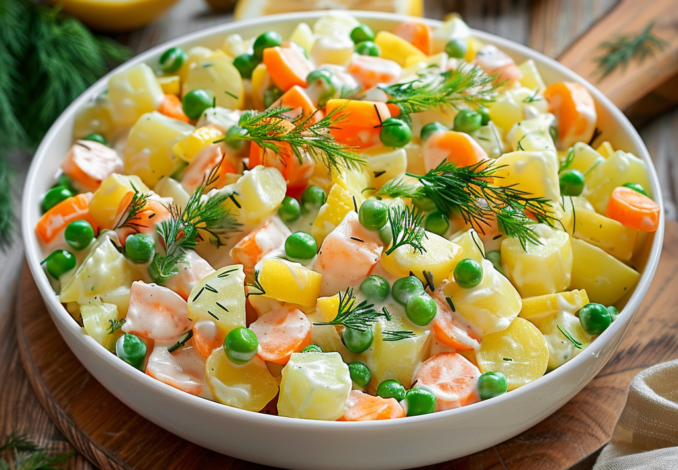 una foto de sallata ruse en un plato, receta de chef goya