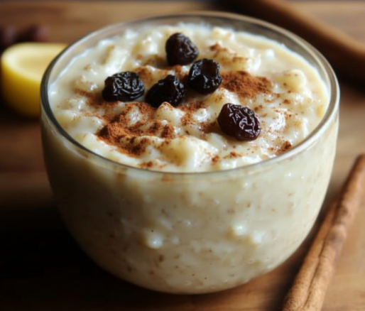 Un vaso con arroz con leche listo para disfrutar en una tarde con amigos, receta Chef Goya