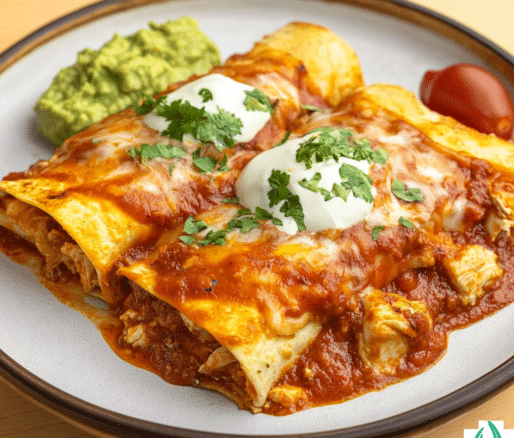 Un plato con enchiladas de pollo, listas para compartir en familia, receta de Chef Goya