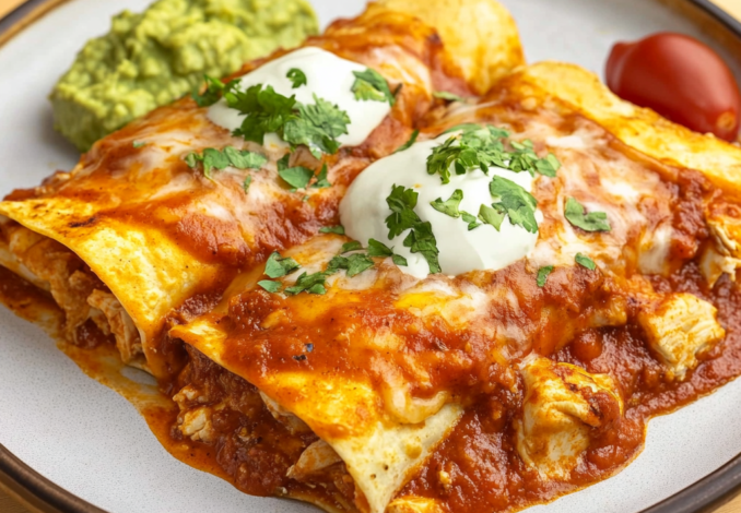 Un plato con enchiladas de pollo, listas para compartir en familia, receta de Chef Goya