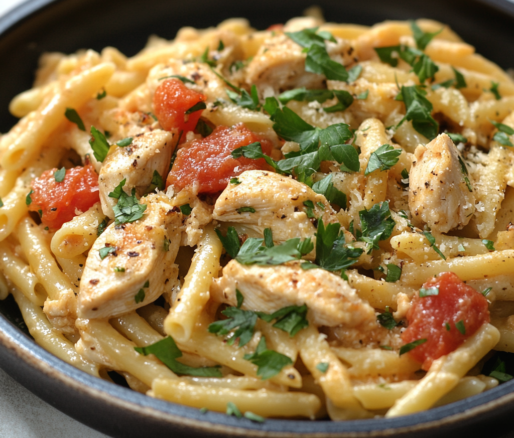 Un plato con pasta de pollo, fácil y rápida de preparar, receta de Chef Goya