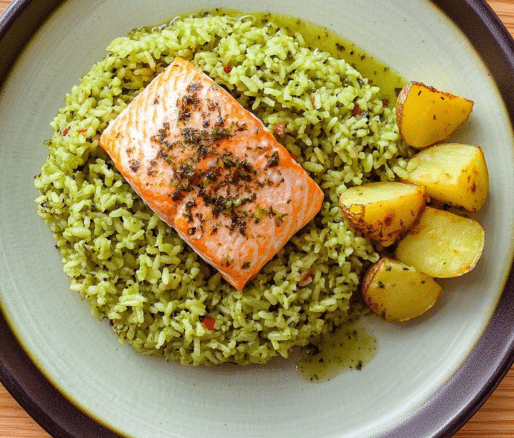 Un plato de arroz verde listo para disfrutar con tu proteina favorita. receta de Chef Goya