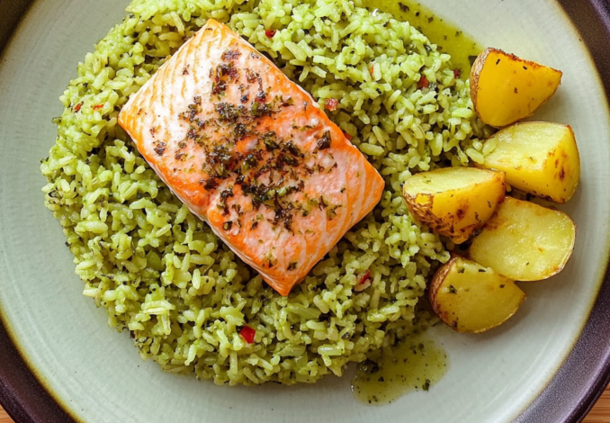 Un plato de arroz verde listo para disfrutar con tu proteina favorita. receta de Chef Goya