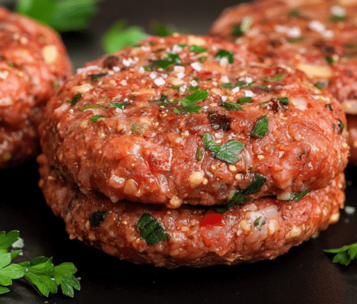 Un plato con carne para hamburguesas, listas para hacer tus hamburguesas caseras, receta de Chef Goya.