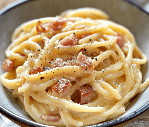 Un plato con pasta carbonara, para los amantes de la comida italiana, receta de Chef Goya