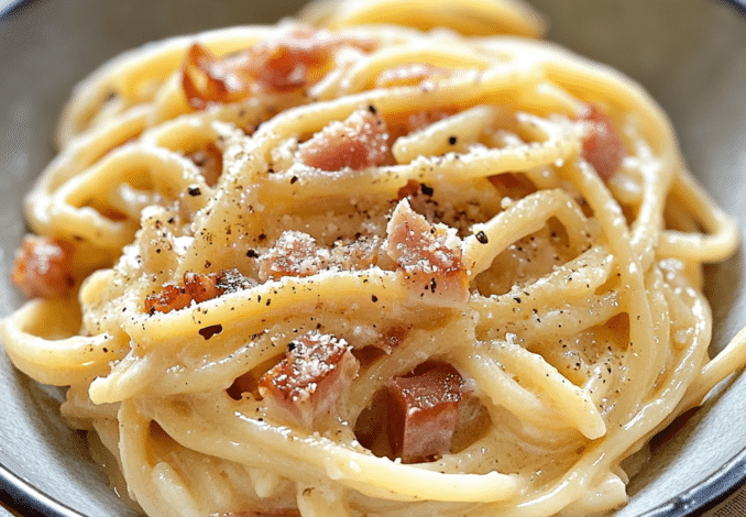 Un plato con pasta carbonara, para los amantes de la comida italiana, receta de Chef Goya