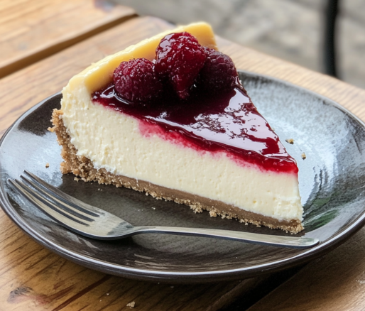 Un plato con una porcion de cheesecake, un postre delicioso que puedes hacer desde casa, receta de Chef Goya.