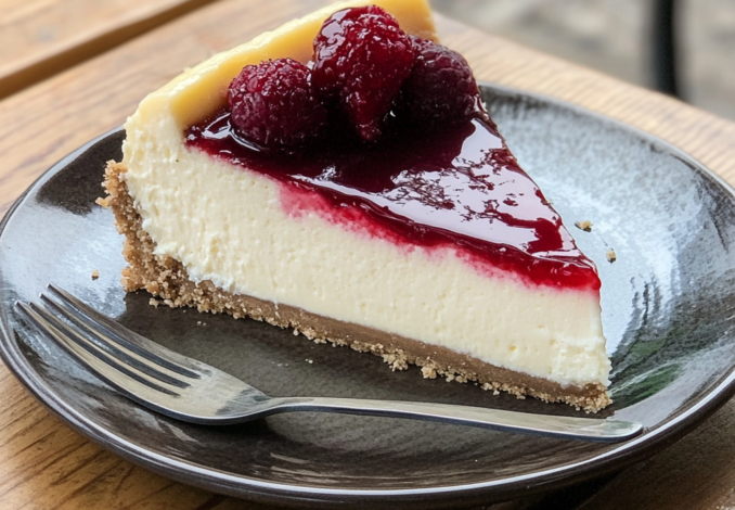 Un plato con una porcion de cheesecake, un postre delicioso que puedes hacer desde casa, receta de Chef Goya.