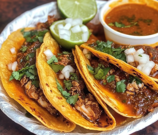 Un plato con tacos de birria, súper deliciosos y fáciles de hacer, receta de Chef Goya.