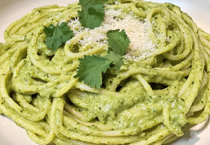 Un plato de espagueti verde, una opcion facil y saludable para tu almuerzo, receta de Chef Goya.