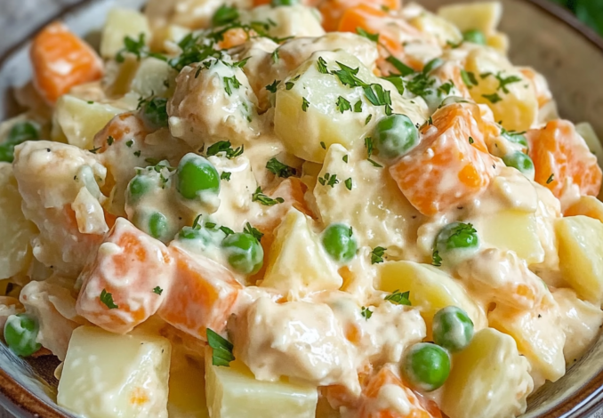 Un bowl de ensalada rusa, si buscas algo rápido y fácil de hacer, receta de Chef Goya.