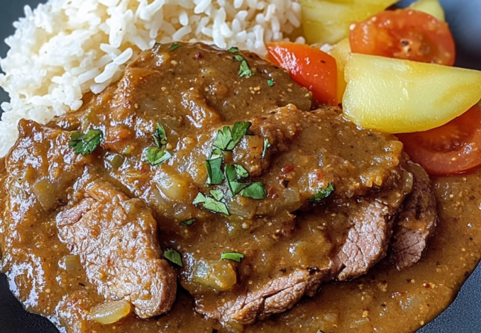 Un plato de milanesa de res guisada, ideal para disfrutar si deseas algo rápido y delicioso para tu cena, receta de Chef Goya.