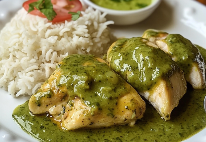 Un plato con pollo en salsa verde, si deseas un toque diferente a tu comida, receta de Chef Goya.