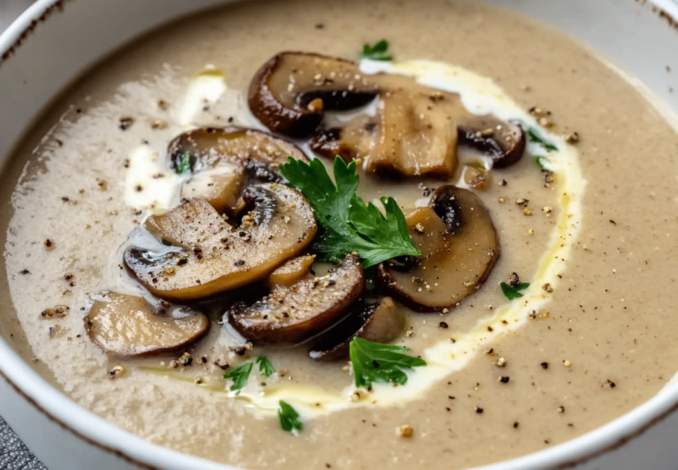 Un plato con crema de champiñones, si deseas algo facil y rapido para hacer, receta de Chef Goya.