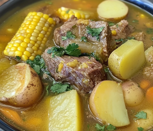 Un plato con sancocho de res, si deseas una receta deliciosa, receta de Chef Goya.