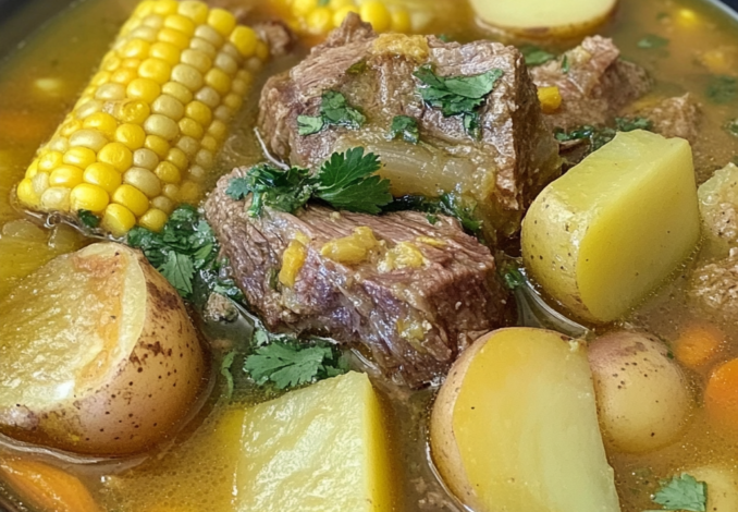 Un plato con sancocho de res, si deseas una receta deliciosa, receta de Chef Goya.