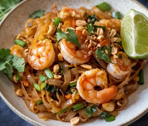 Un plato con Pad Thai de camarones, si necesitas hacer algo fácil de hacer para tu comida, receta de Chef Goya.