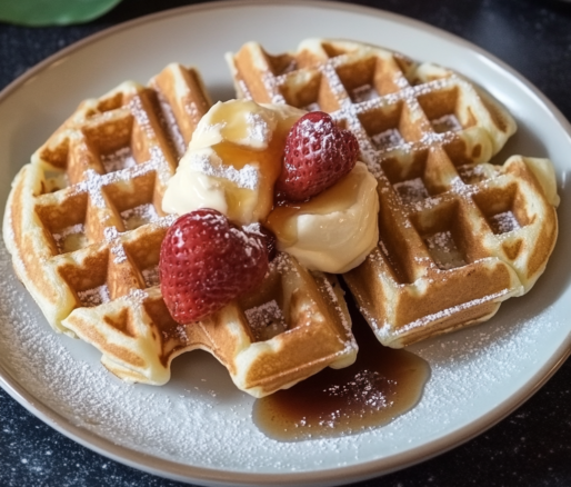 Un plato con waffles, si deseas algo diferente para tu desayuno, receta de Chef Goya.