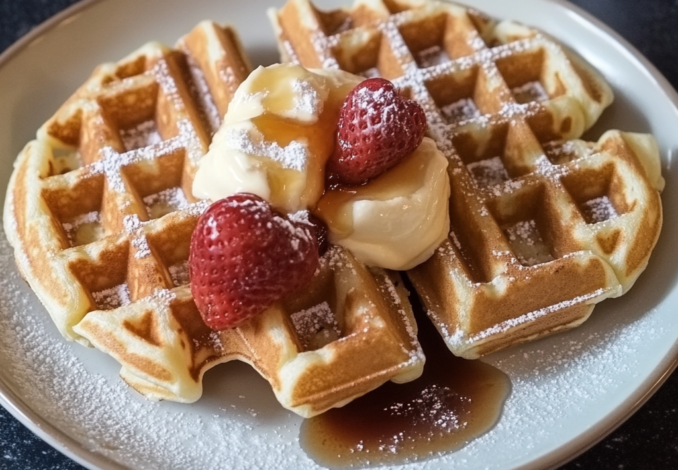 Un plato con waffles, si deseas algo diferente para tu desayuno, receta de Chef Goya.