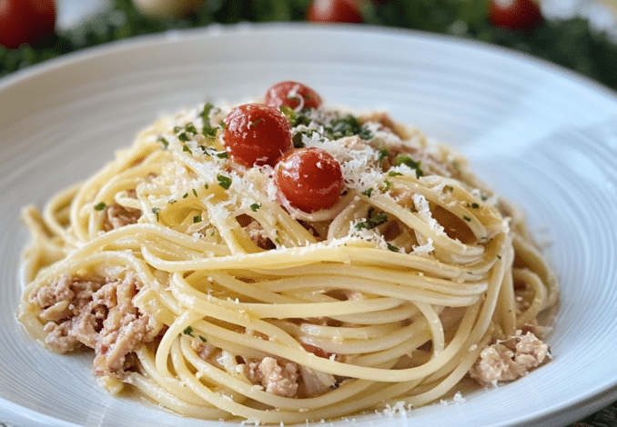 Un plato con espagueti de atun, si deseas algo rico para preparar, receta de Chef Goya.