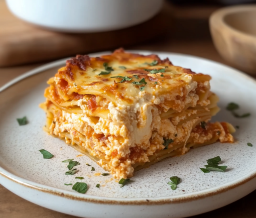 Un plato con lasagna de pollo, por si deseas una variacion de la versión original de carne, receta de Chef Goya.