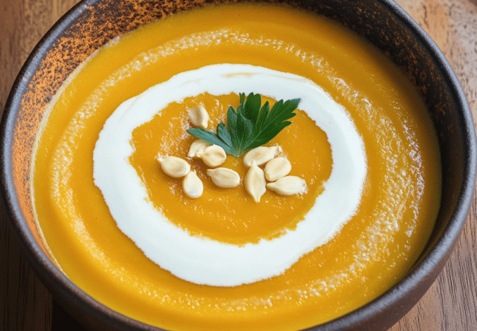 Un tazon con crema de auyama, si deseas una receta nutritiva, receta de Chef Goya.