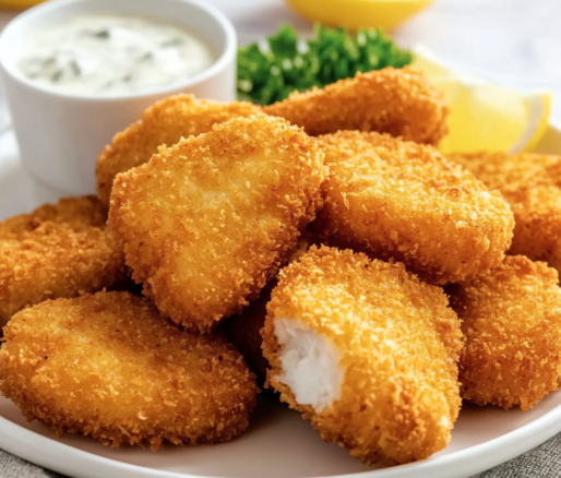 Un plato con nuggets de pescado, si deseas un snack delicioso, receta de Chef Goya.