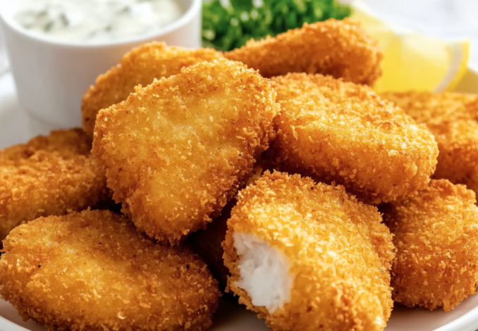 Un plato con nuggets de pescado, si deseas un snack delicioso, receta de Chef Goya.