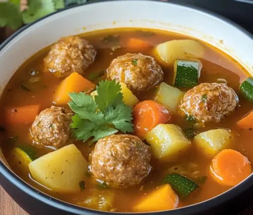 Un plato con caldo de albondigas, si deseas un plato facil y rico de hacer, receta de Chef Goya.