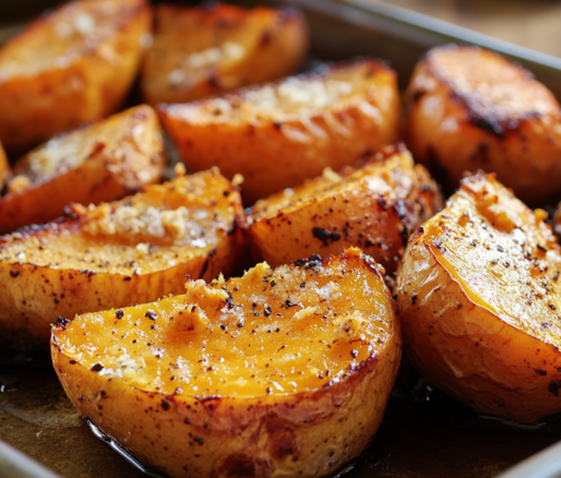 Una bandeja con camote al horno, por si deseas preparar un acompañante para tus platos favoritos, receta de Chef Goya.