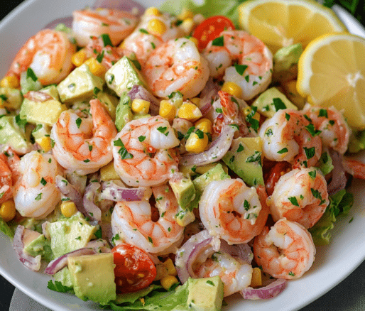 Un plato con ensalada de camaron, si deseas una receta nutritiva, receta de Chef Goya.