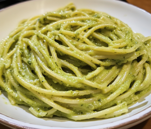 Un plato con pasta verde, si deseas un plato nutritivo, receta de Chef Goya.