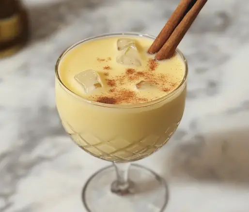 Un vaso con ponche crema, si deseas una bebida especial para ocasiones navideñas, receta de Chef Goya.