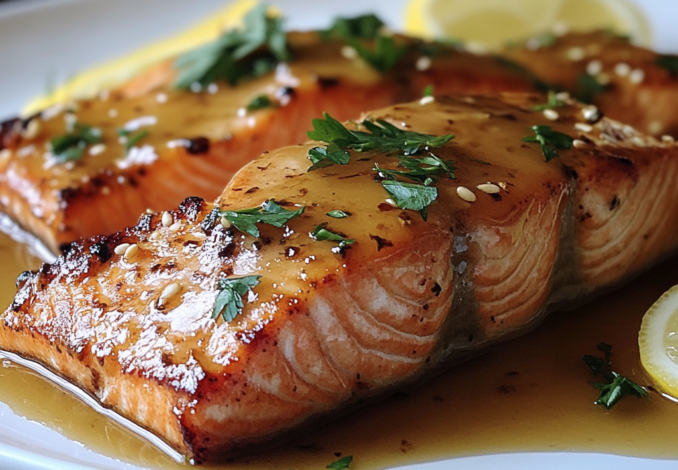 Un plato con salmón con miel, si deseas algo delicioso para comer, receta de Chef Goya.