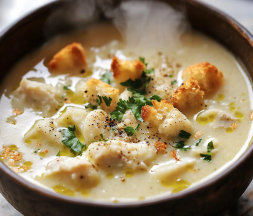 Un bowl con sopa de coliflor, si deseas una receta saludable, receta de Chef Goya.