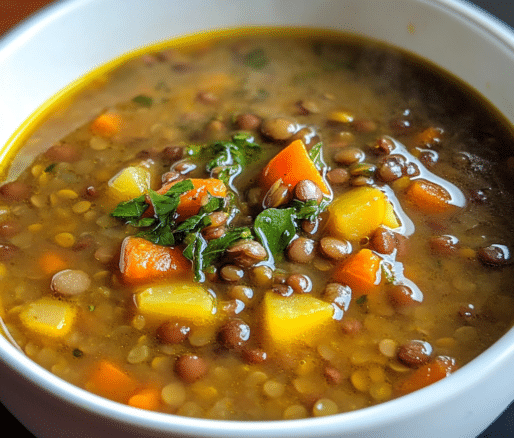 Un plato con sopa de lentejas, si deseas algo nutritivo,receta de Chef Goya.