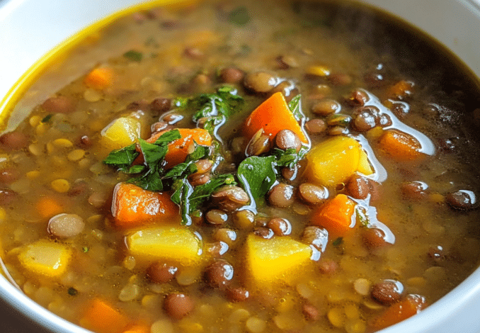 Un plato con sopa de lentejas, si deseas algo nutritivo,receta de Chef Goya.