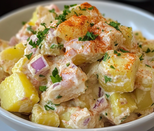 Un bowl con ensalada de papa, si buscas una receta de fácil de hacer, receta de Chef Goya.