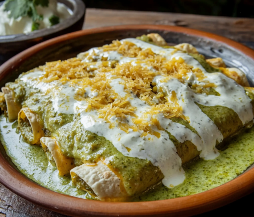 Un plato con enchiladas suizas, si deseas un plato saludable y rico, receta de Chef Goya.