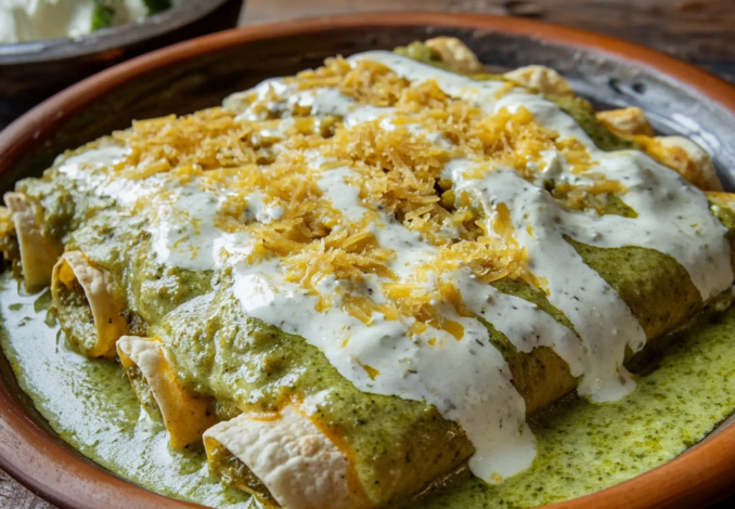 Un plato con enchiladas suizas, si deseas un plato saludable y rico, receta de Chef Goya.