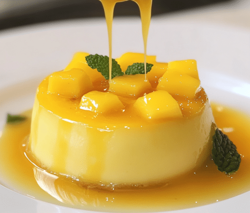 Un plato con flan de mango, si deseas un postre nutritivo, receta de Chef Goya.