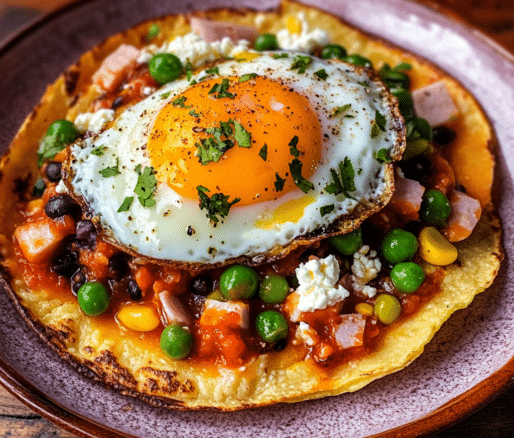 Un plato con huevos motuleños, si deseas preparar algo simple para tu desayuno, receta de Chef Goya.