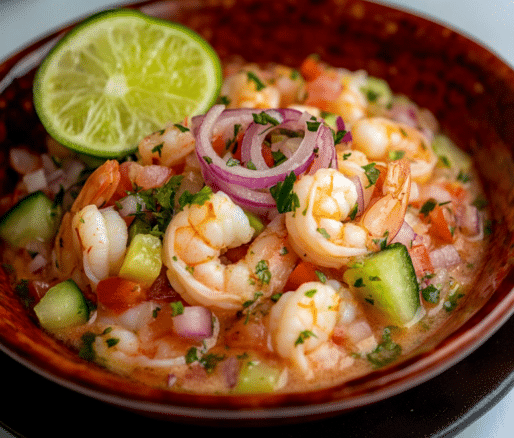 Un plato con ceviche de camarón, si deseas una entrada o aperitivo para tu almuerzo, receta de Chef Goya.