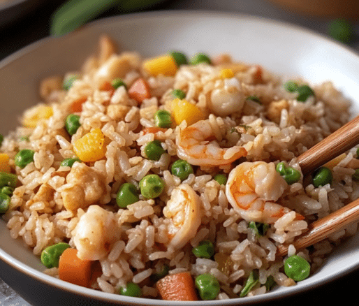 Un plato con arroz chino con camarones, si deseas una comida completa, receta de Chef Goya.