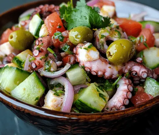 Un plato con ensalada de pulpo, si deseas una receta fácil de hacer, receta de Chef Goya.