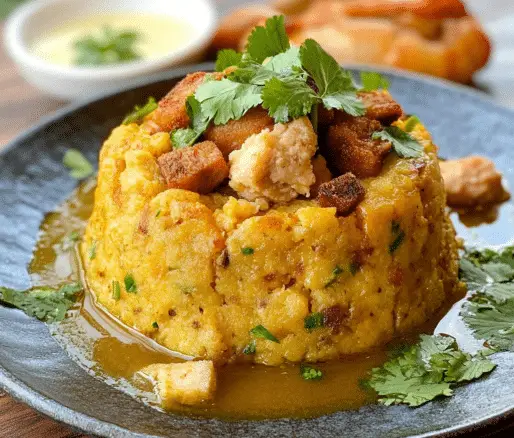 Un plato con mofongo dominicano, si deseas una receta diferente, receta de Chef Goya.