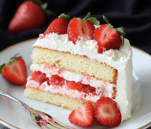 Un plato con pastel de fresa, si deseas un postre facil y delicioso, receta de Chef Goya.