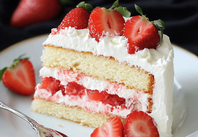 Un plato con pastel de fresa, si deseas un postre facil y delicioso, receta de Chef Goya.