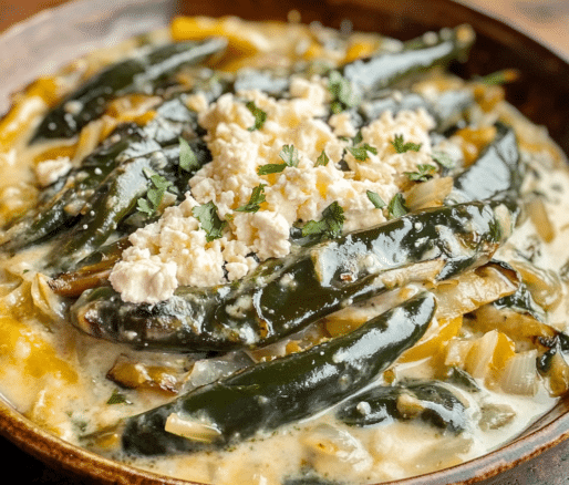 Un plato con rajas con crema, si deseas algo diferente para tu almuerzo, receta de Chef Goya.