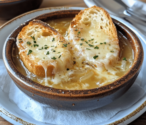 Un plato con sopa de cebolla, si deseas una receta deliciosa para tu dia, receta de Chef Goya.